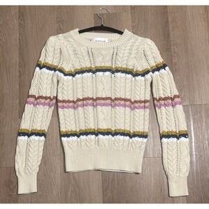 Heartloom Cream Multicolor Small Cable Knit Striped Pullover Sweater Chic‎ Cozy
